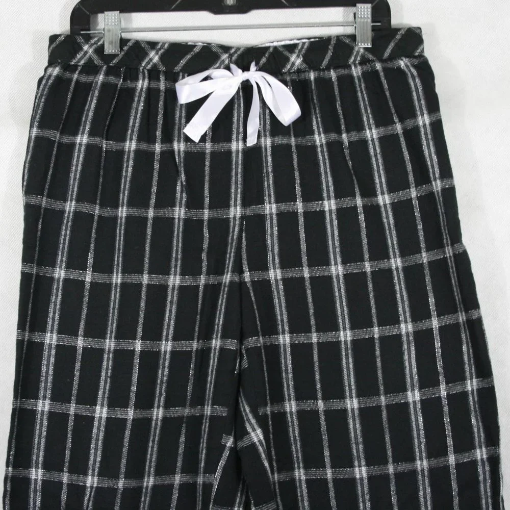 Vintage SecreTreasures Black Cotton Pajama Bottom w/ Glitter Silver Checks SZ M - Picture 2 of 8
